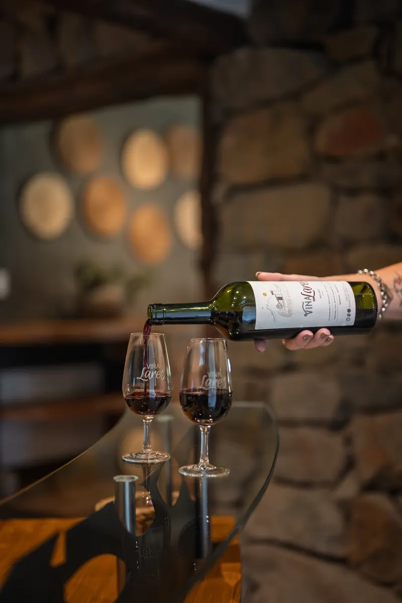 Vino tinto servido en dos copas sobre una mesa, con paredes de piedra detrás